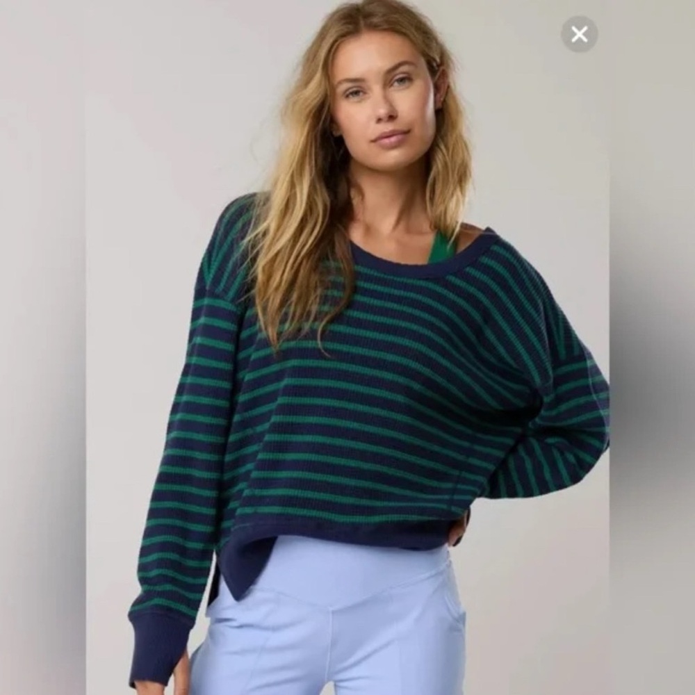 Offline by Aerie Wow Waffle Oversized Shirt in Navy and Green Size XS